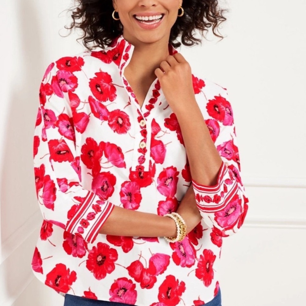 Talbots White Tunic with Red and Pink Floral Print
